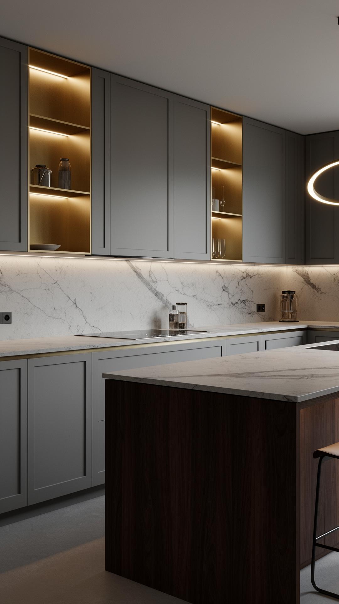 Gray lacquered kitchen with stone counters by Firenze
